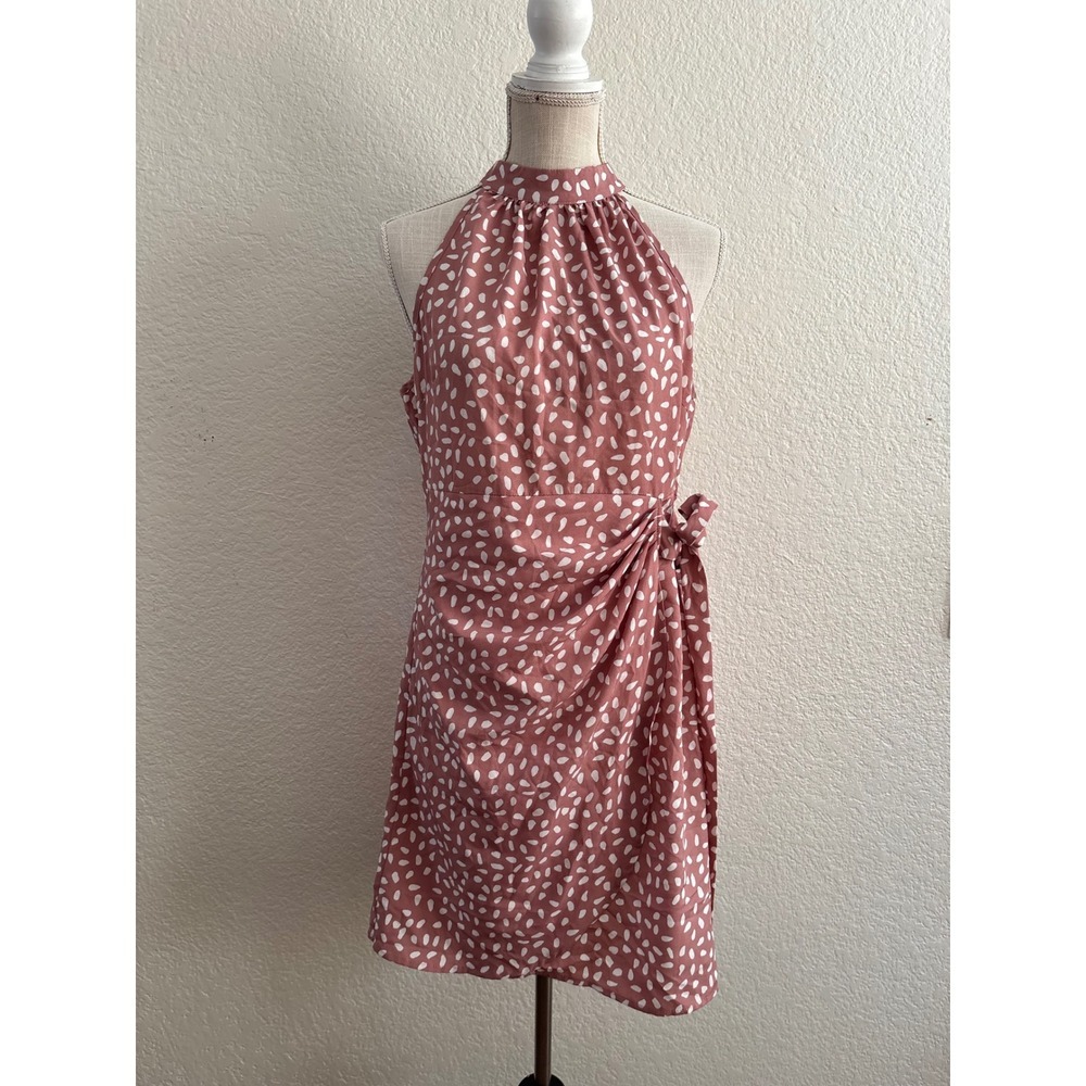 Halter Mini Dress Medium Pink Abstract Print Wrap Tie Sleeveless